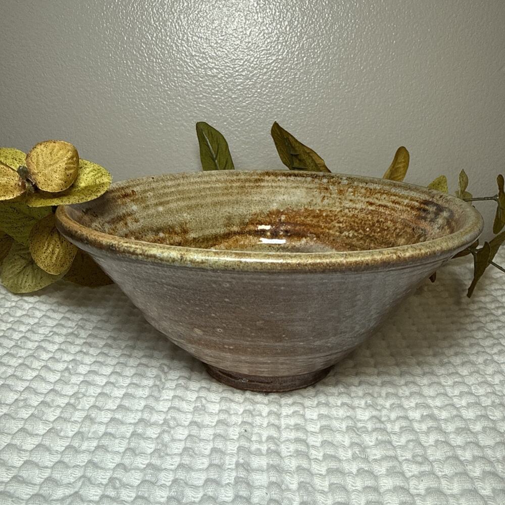 VTG Stoneware Pottery Brown Glaze Rustic Bowl 7” Handmade Artist Signed Initial